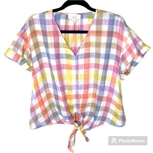 Charter Club Luxury Linen Top Women’s LP Checkered Plaid V-Neck Front Tie